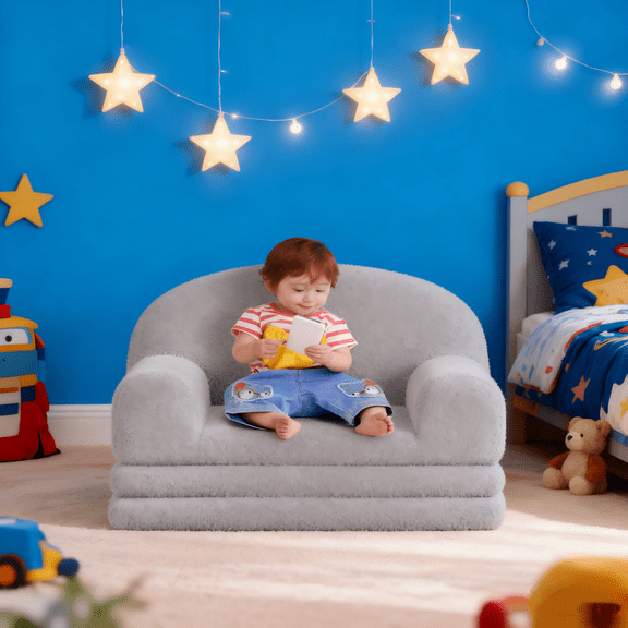 COZONY 2-in-1 Kids Sofa Chair, Convertible Toddler Couch Lounger, Fold-Out Teddy Fleece Sofa Bed