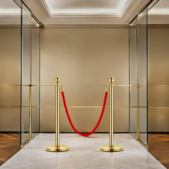 COZONY 2 pcs Gold Stanchion Post Set, 1 Red Velvet Ropes, 5 FT Red Carpet Crowd Control Barriers, Parties, Banks, Museums, Events