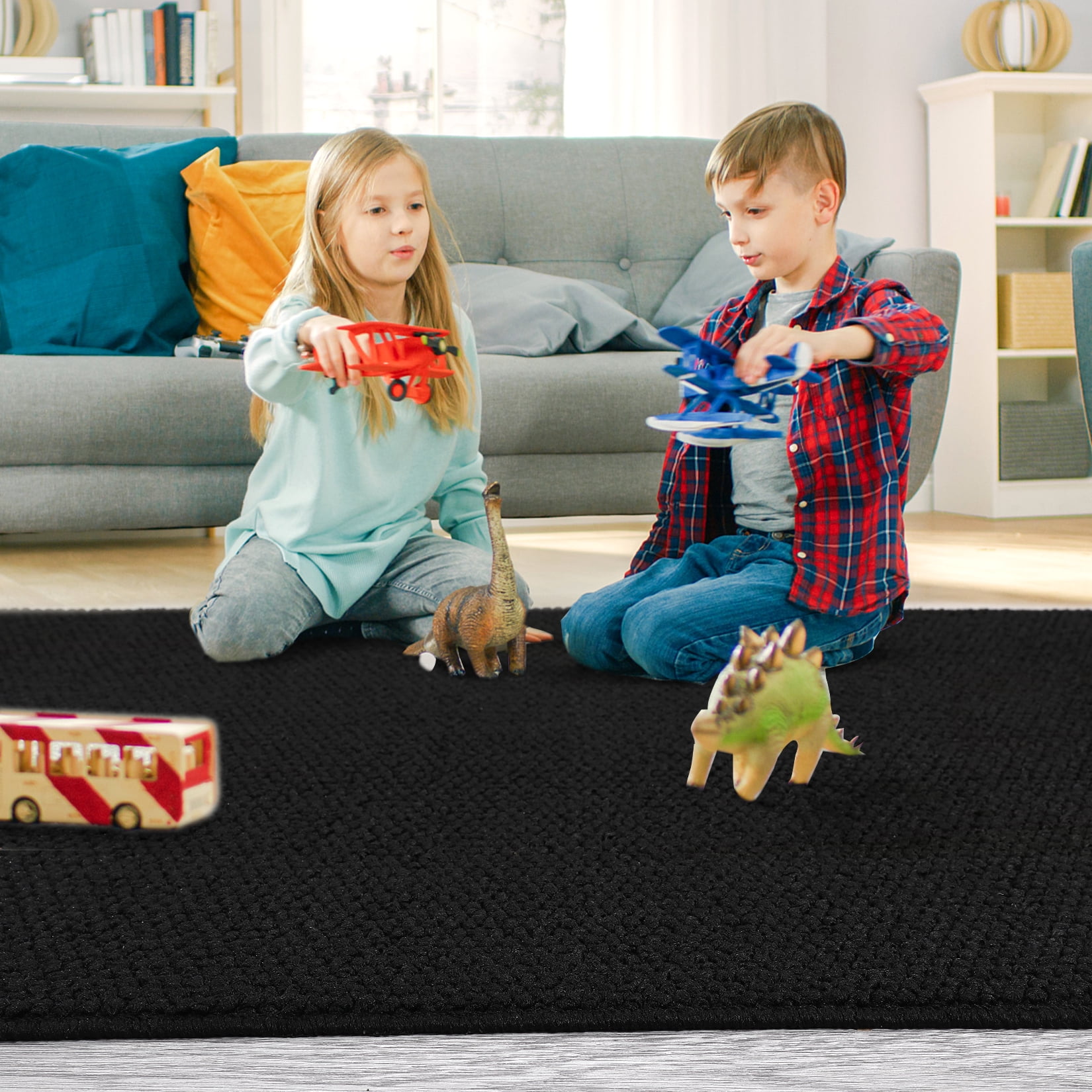COZONY 2'x6' Washable Area Rug, Modern Textured Low-Pile Polypropylene Carpet, Stain Resistant Non-Slip Solid Accent Rug for Hallway Entryway, Black