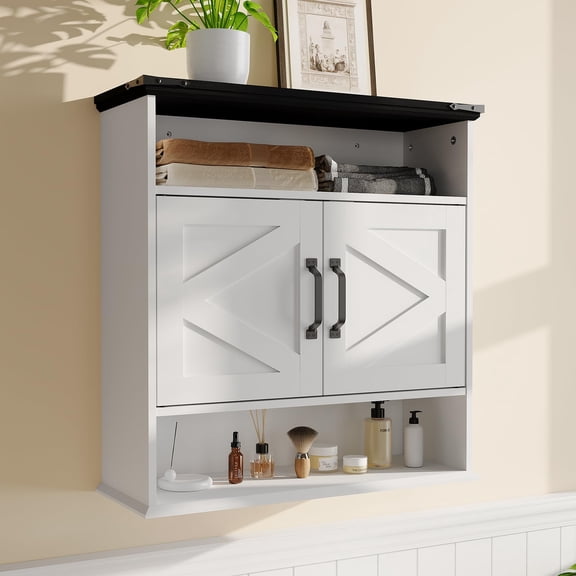 COZONY 25" Farmhouse Bathroom Wall Cabinet with Barn Doors, 5-Tier Adjustable Shelf Medicine Cabinet for Bathroom, Kitchen, Living Room|No Drawers