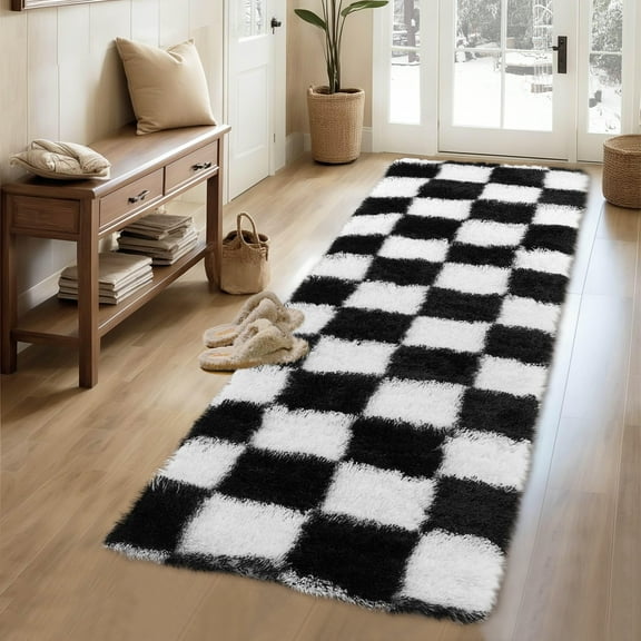 COZONY 2x6 Checkered Thick Runner Rug, Ultra Soft Plush Shag Rug with Non-Slip Backing for Entryway or Bedroom, Black