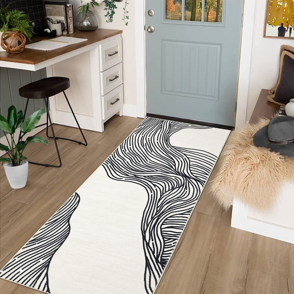 COZONY 2x6 Runner Rug, Modern Abstract Washable Faux Wool Carpet with Non Slip TPR Backing, Low Pile Foldable Rug for Living Room Bedroom, Beige Black