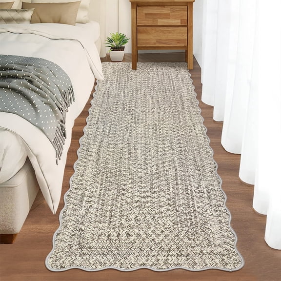 COZONY 2x6 Washable Runner Rug, Scalloped Non-Slip Low Pile Farmhouse Carpet for Entryway, Kitchen, Bathroom and Laundry Room, Greige