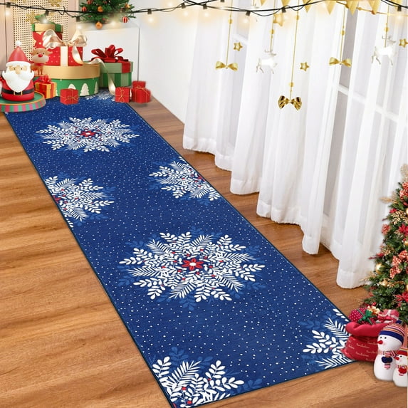 COZONY 2x8 Christmas Runner Rug, Washable Snowflake Vintage Hallway Runner, Soft Non-Slip Low Pile Kitchen Rug, Blue Holiday Decor