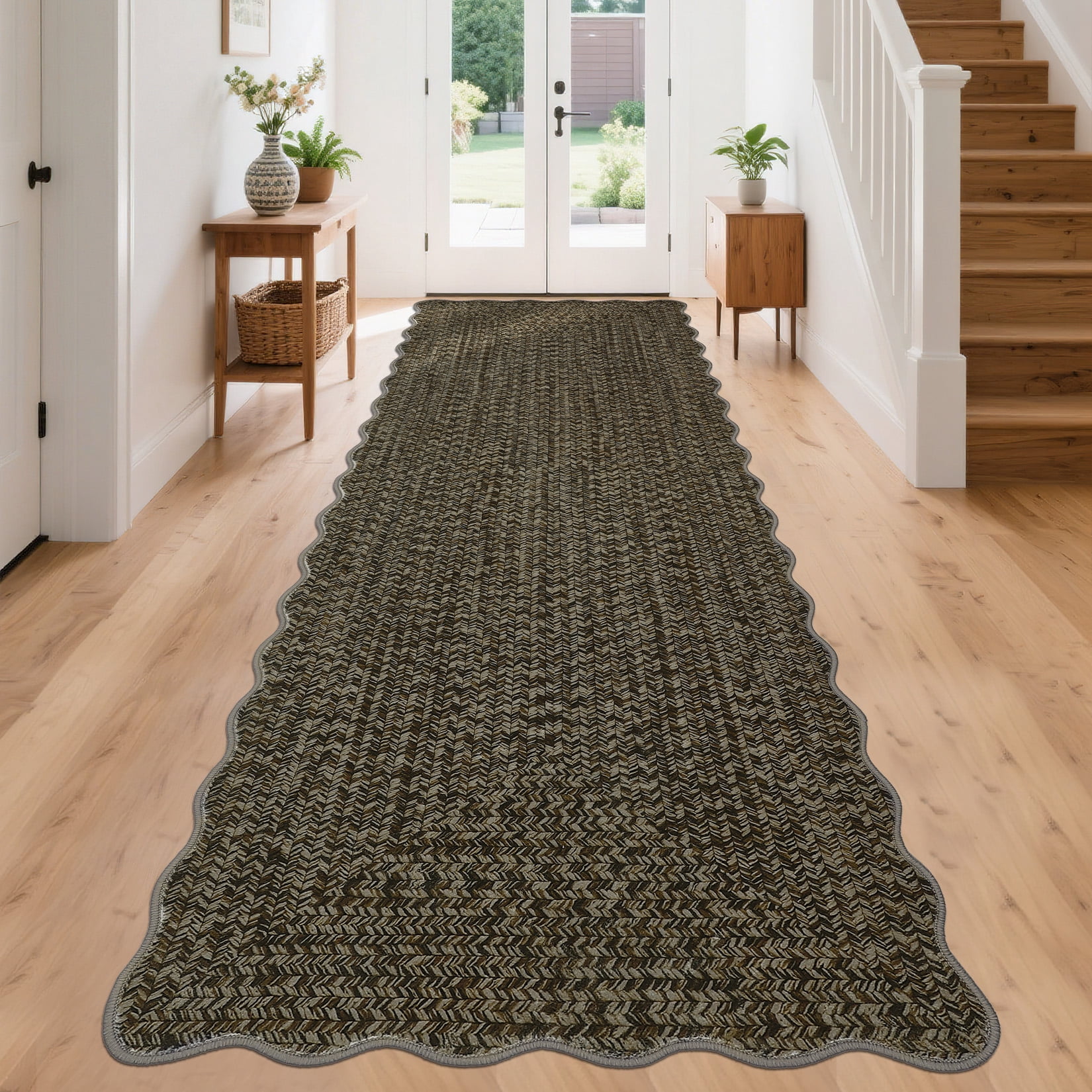 COZONY 2x8 Scalloped Runner Rug, Washable Non-Skid Low Pile Hallway Carpet for Kitchen, Entryway, Mudroom and Bathroom, Brown