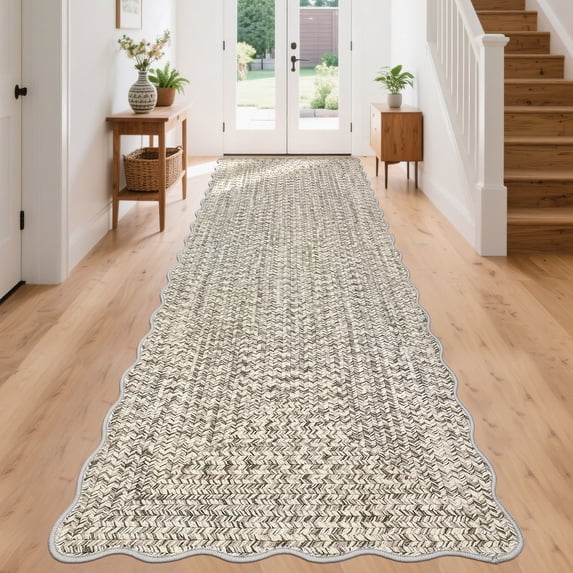 COZONY 2x8 Scalloped Runner Rug, Washable Non-Skid Low Profile Farmhouse Carpet for Kitchen, Corridor, Bedroom and Mudroom, Greige