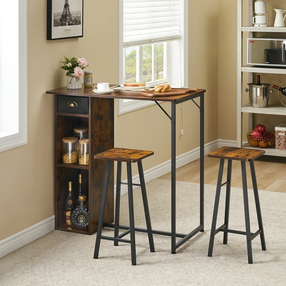 COZONY 3-Piece Bar Height Table Set, 2 Chairs & 3 Storage Shelves, Space-Saving Kitchen Pub Table, Retro