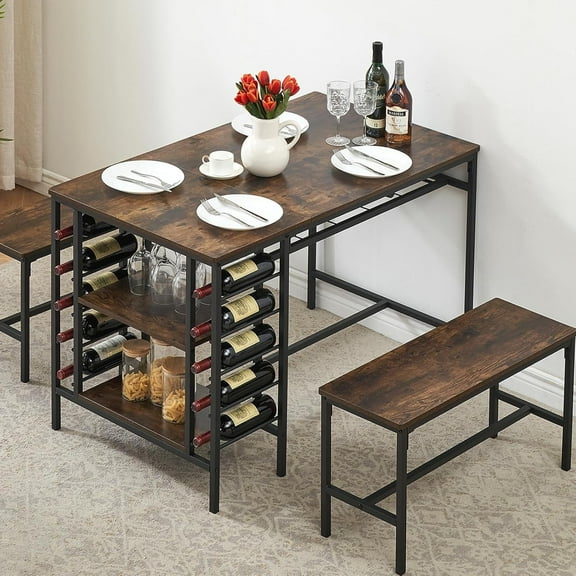 COZONY 3 Piece Dining Table Set, Kitchen Table Set with Wine Rack & Storage Shelf, Bar Table Set for Small Space, Home, Rustic Brown