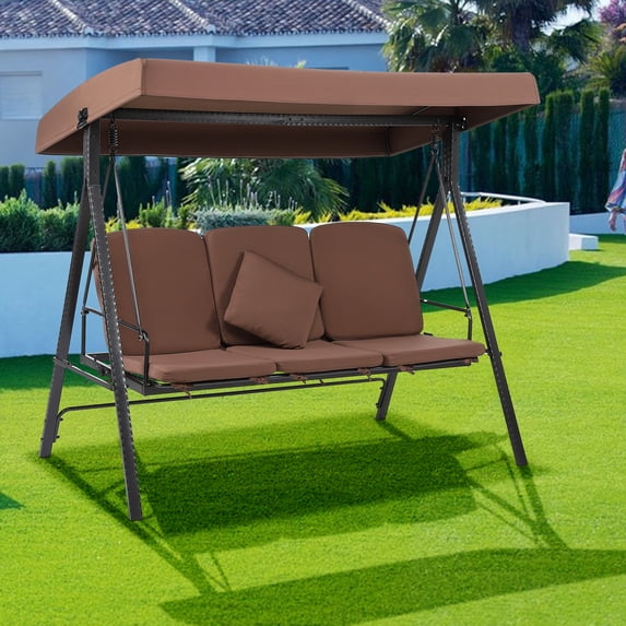 COZONY 3 Seat Outdoor Porch Swing, Patio Swing Chair and Canopy, Retractable Hammock With Adjustable Awning,Removable Cushions, For Balconies, Backyards, Terraces, Gardens and Poolsides, Brown