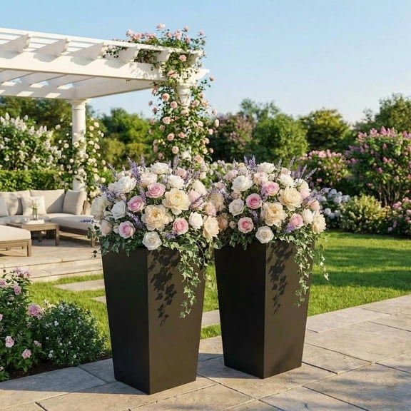 COZONY 30" Tall Planter Set of 2, Outdoor Indoor Large Planter Pots with Drainage, Water Level Monitor & Inner Bucket, Modern Front Porch Planters, Black