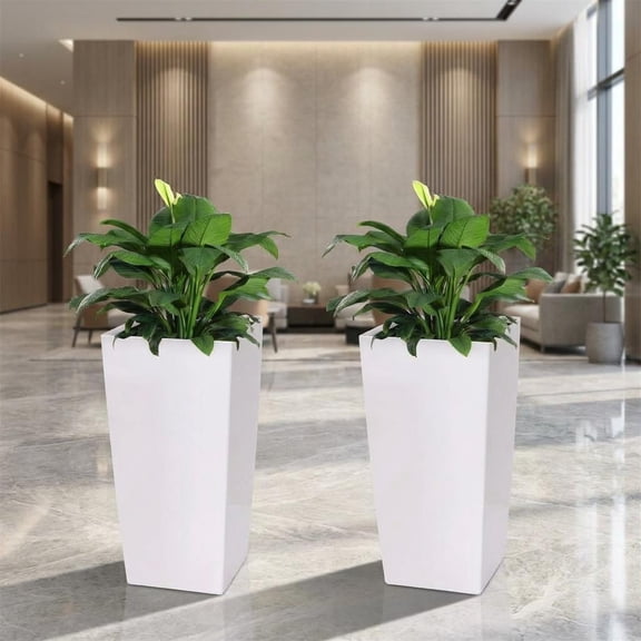 COZONY 30" Tall Planter Set of 2, Outdoor Indoor Large Planter Pots with Drainage, Water Level Monitor & Inner Bucket, Modern Front Porch Planters,White