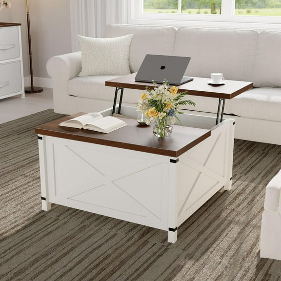 COZONY 31.5" Lift Top Coffee Table with Storage, Square Modern Farmhouse Industrial Table, Hydraulic Safe Lift, Hidden Compartment,Brown