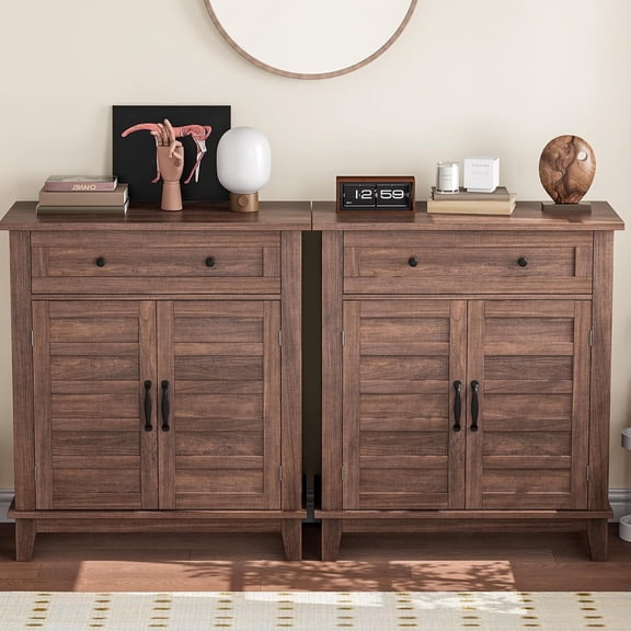 COZONY 31.5inch Farmhouse Storage Cabinet Set of 2, Rustic Sideboard Buffet with Adjustable 3-Tier Shelves for Kitchen, Dining Room, Entryway,Brown+White