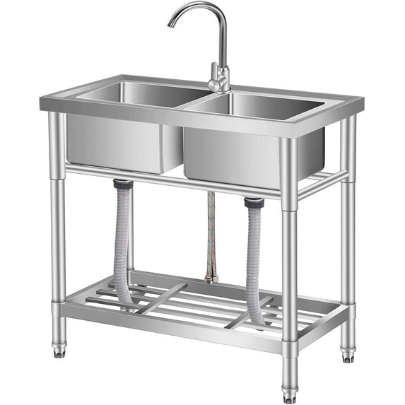 COZONY 33" Stainless Steel Utility Sink, Freestanding Laundry Workstation with Faucet & Storage Rack & Hot/Cold Water Lines