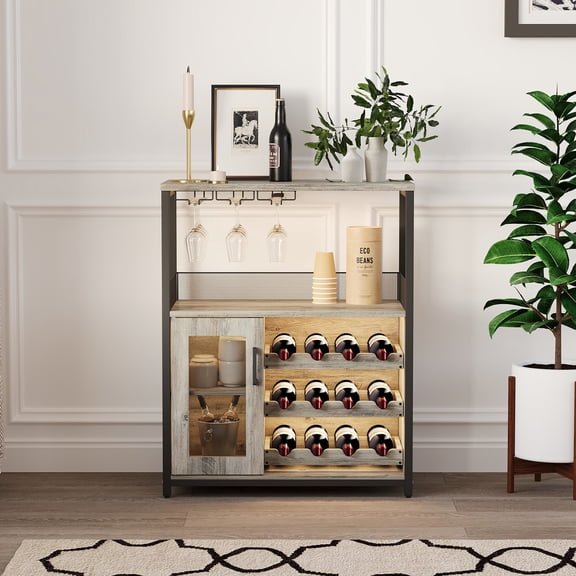 COZONY 36" 3-Tier Grey Wine Bar Cabinet with LED Lights, Detachable Wine Rack, Glass Holder, Mesh Door for Dining Room, Kitchen, Living Room,Gray