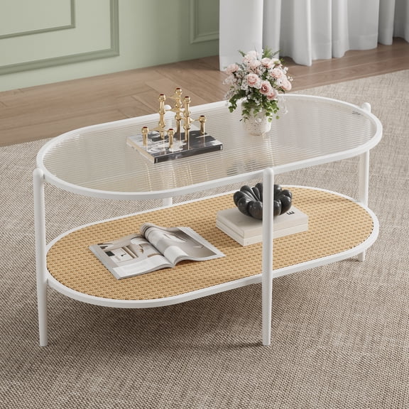 COZONY 37" Oval Boho Coffee Table with Wavy Glass Top and Rattan Storage Shelf, Black and Gold Metal Frame for Living Room,White+Yellow