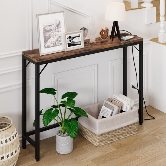 COZONY 39.4" Narrow Console Table, Sofa Table with Outlet & USB Ports and Charging Station for Entryway, Hallway, Foyer, Living Room,Rustic Brown