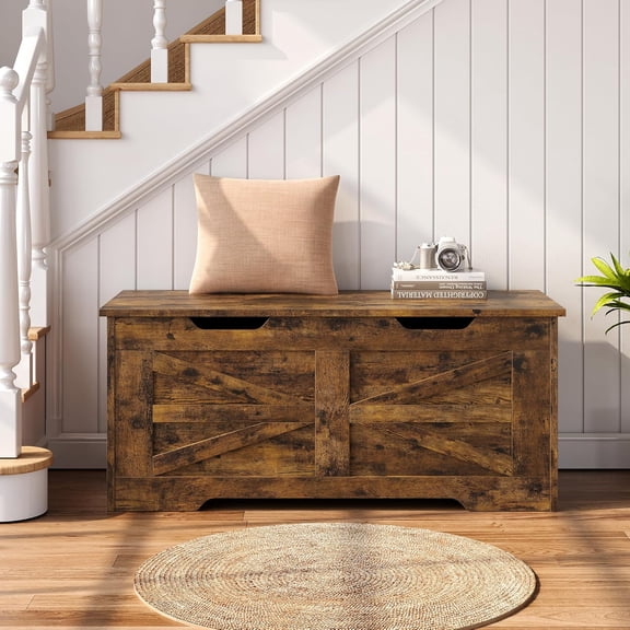 COZONY 39.4" Rattan Toy and Clothes Storage Chest, Wooden Bench with Safety Hinge, Retro