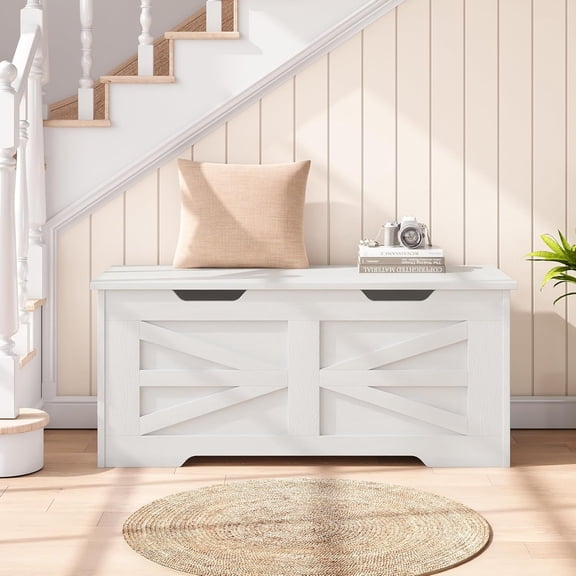 COZONY 39.4" Rattan Toy and Clothes Storage Chest, Wooden Bench with Safety Hinge, White