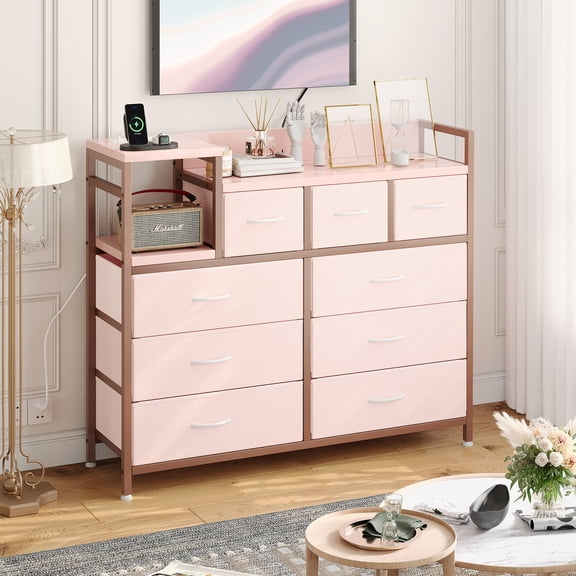 COZONY 39" Modern Fabric Dresser w/ USB Charging Station, 9-Drawer Storage Chest for Bedroom & Living Room,Pink