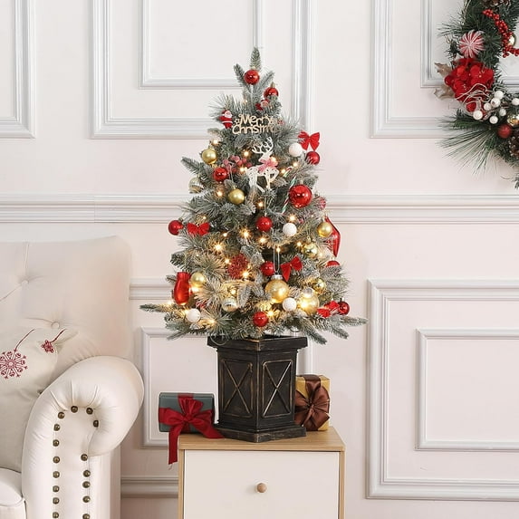 COZONY 3ft Pre-Lit Snow Flocked Christmas Artificial Tree, 78 Warm LEDs & Red Berries, Mini Xmas Tree w/ Battery Operated Timer, Christmas Decorations in Home, Office, Porch, 1 pc