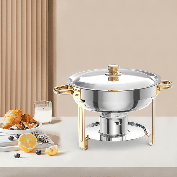 COZONY 4 Pack & 5 QT Round Alcohol Chafing Dish for Buffet, Stainless Steel Chafer Set w/ Lid Holder & Serving Utensils