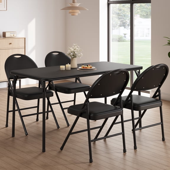 COZONY 4 Pack Folding Card Chairs, Padded Stackable Seating with PU Cushion, Metal Legs and Non-Slip Pads for Party and Office,Black