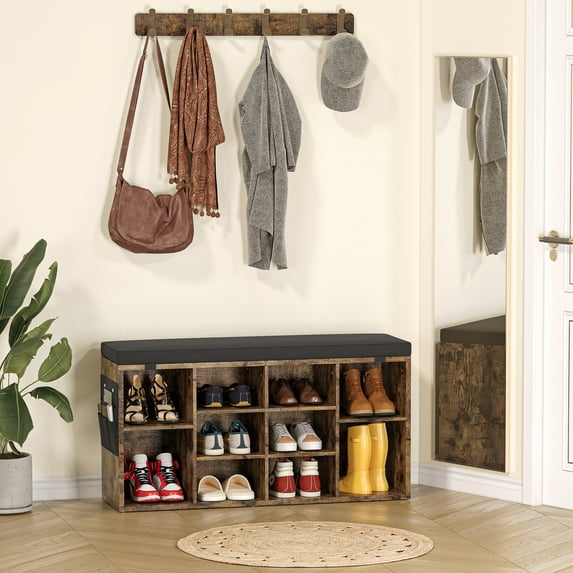 COZONY 40" Shoe Storage Bench, 3-Tier Adjustable Shelf with Cushion, Cubby Seat Shoe Cabinet for Entryway, Bedroom, Living Room, Hallway, Closet, and Garage, Rustic Brown