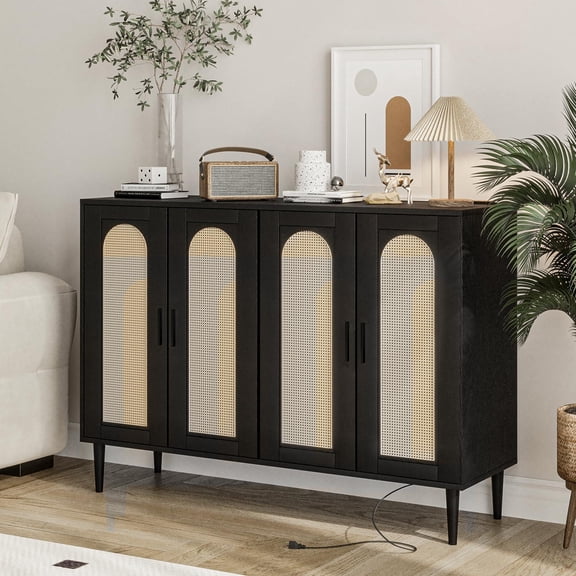 COZONY 47.5 Inch Kitchen Buffet Cabinet w/ Power Outlet, Rattan Front 4 Door Sideboard w/ Adjustable Shelf,Black