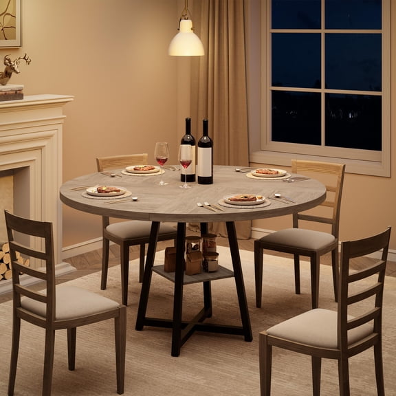 COZONY 47" Round Dining Table for 4–6, Wood Top, Metal Base with Storage, Adjustable Feet, No Chairs