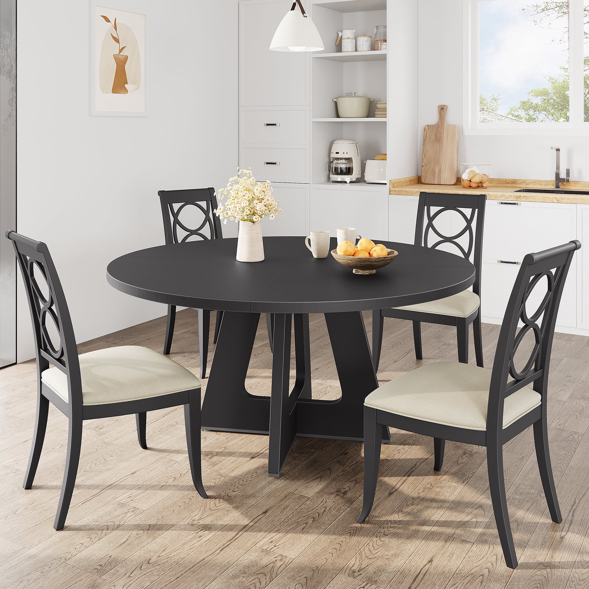 COZONY 47" Round Farmhouse Table for 4-6, Wood Top & Cross Base, Mid ...