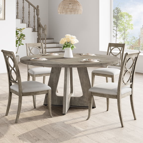 COZONY 47" Round Farmhouse Table for 4-6, Wood Top & Cross Base, Mid-Century Kitchen Table, Gray