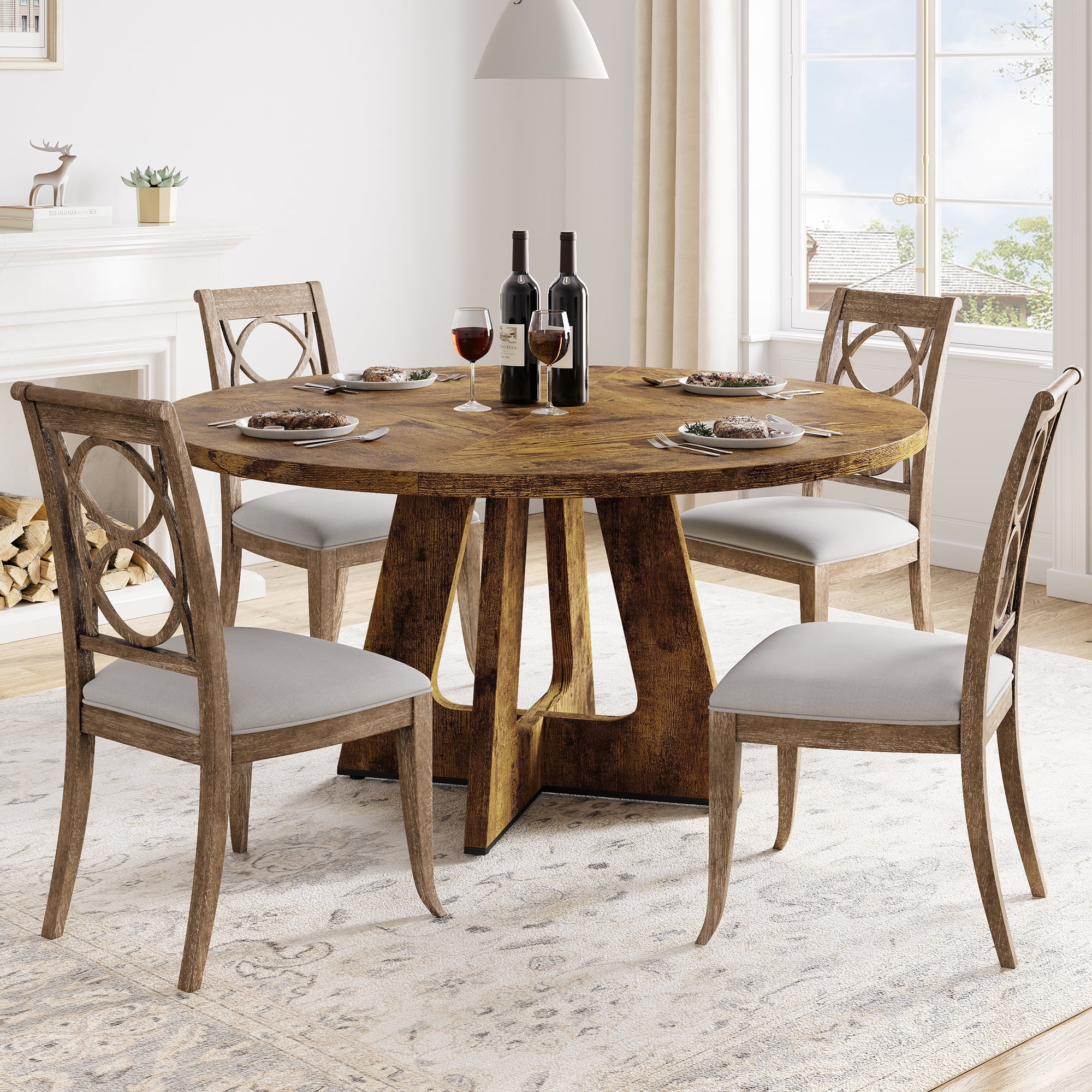 COZONY 47" Round Farmhouse Table for 4-6, Wood Top & Cross Base, Mid ...
