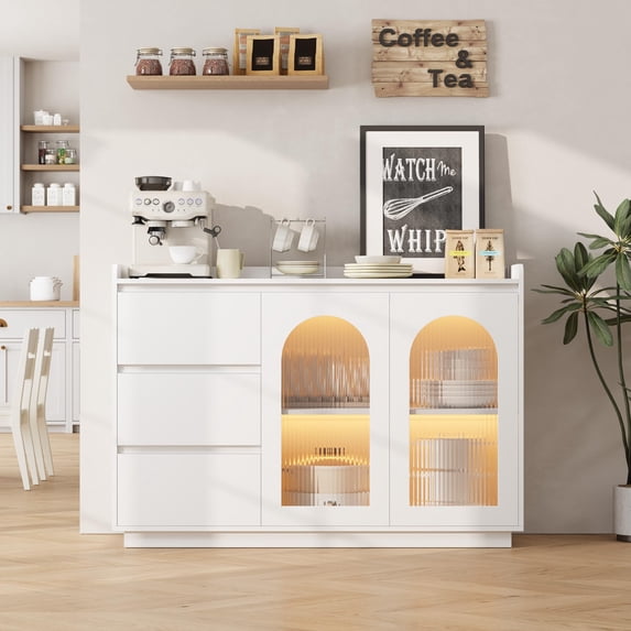 COZONY 48" Kitchen Buffet Cabinet with LED Lit Glass Doors, Modern Sideboard with 3 Drawers, Coffee Bar Station for Dining Room, Living Room,White
