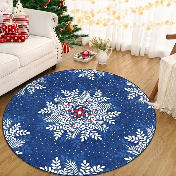 COZONY 4x4 Round Christmas Rug, Washable Snowflake Vintage Area Rug, Soft Non-Slip Low Pile Living Room Rug, Blue Holiday Decor