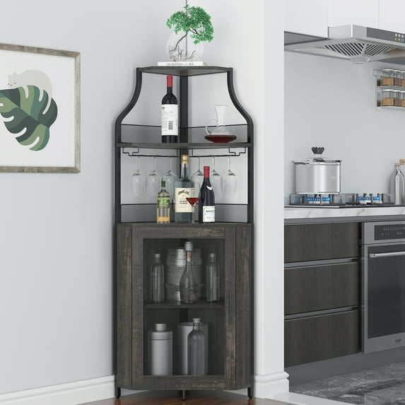 COZONY 5-Tier Corner Bar Cabinet with Wine Rack, Glass Holder, and Storage Shelves, 60.6"H
