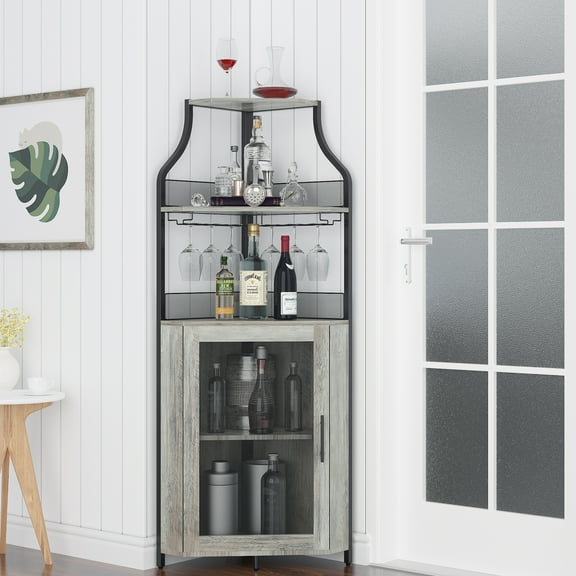 COZONY 5 Tier Corner Bar Cabinet with Wine Rack, Glass Holder, Storage Shelves and Mesh Door, 60.6"H Retro-Styled Home Bar Furniture for Liquor and Wine Storage,Home, Kitchen, Dining Room,Gray