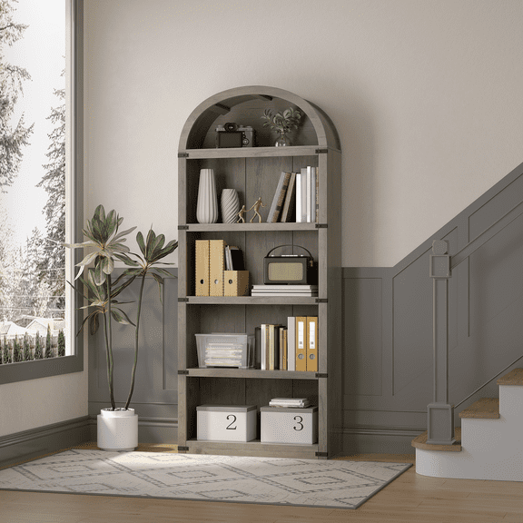 COZONY 5-Tier White Arched Bookcase with Large Wood Shelves, Modern Freestanding Open Display Rack for Living Room, Study, Bedroom,Brown+Red