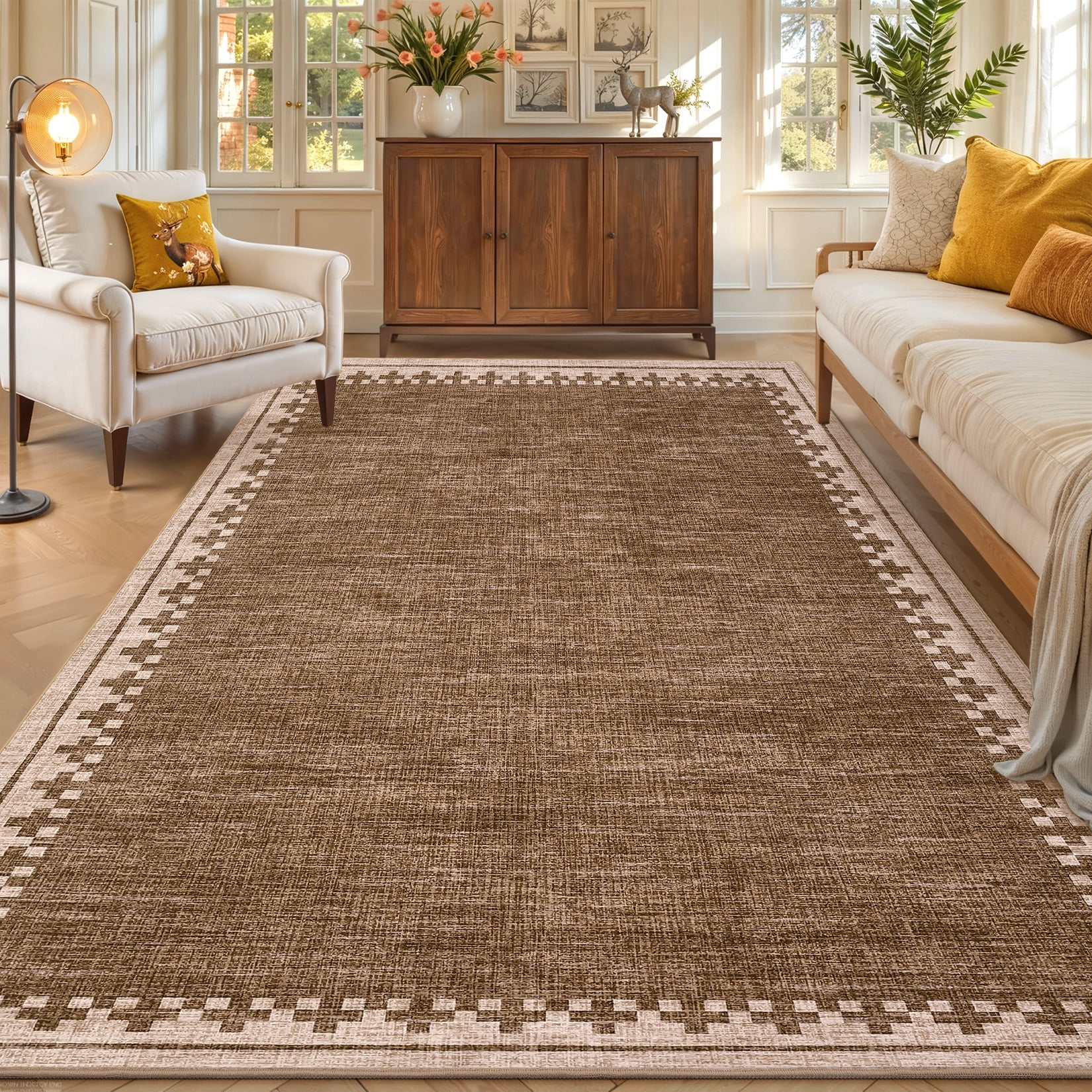 COZONY 5'x7' Modern Bordered Area Rug, Non-Slip Washable Low Pile Soft ...