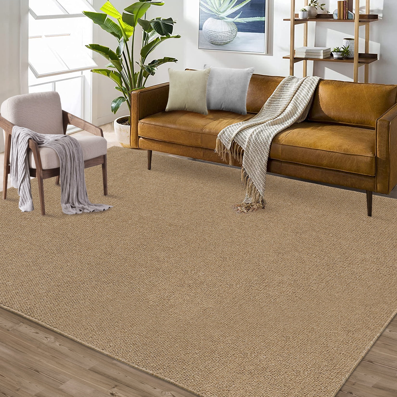 COZONY 5'x7' Washable Area Rug, Modern Textured Low-Pile Polypropylene Carpet, Stain Resistant Non-Slip Solid Accent Rug for Living Room Bedroom, Brown