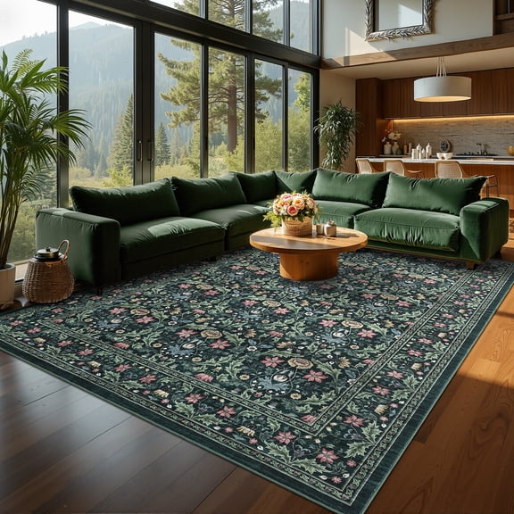 COZONY 5'x7' Washable Area Rug, Non-Slip Low Pile Vintage Floral Oriental Carpet for Living Room Bedroom, Stain-Resistant Soft Floor Mat, Green