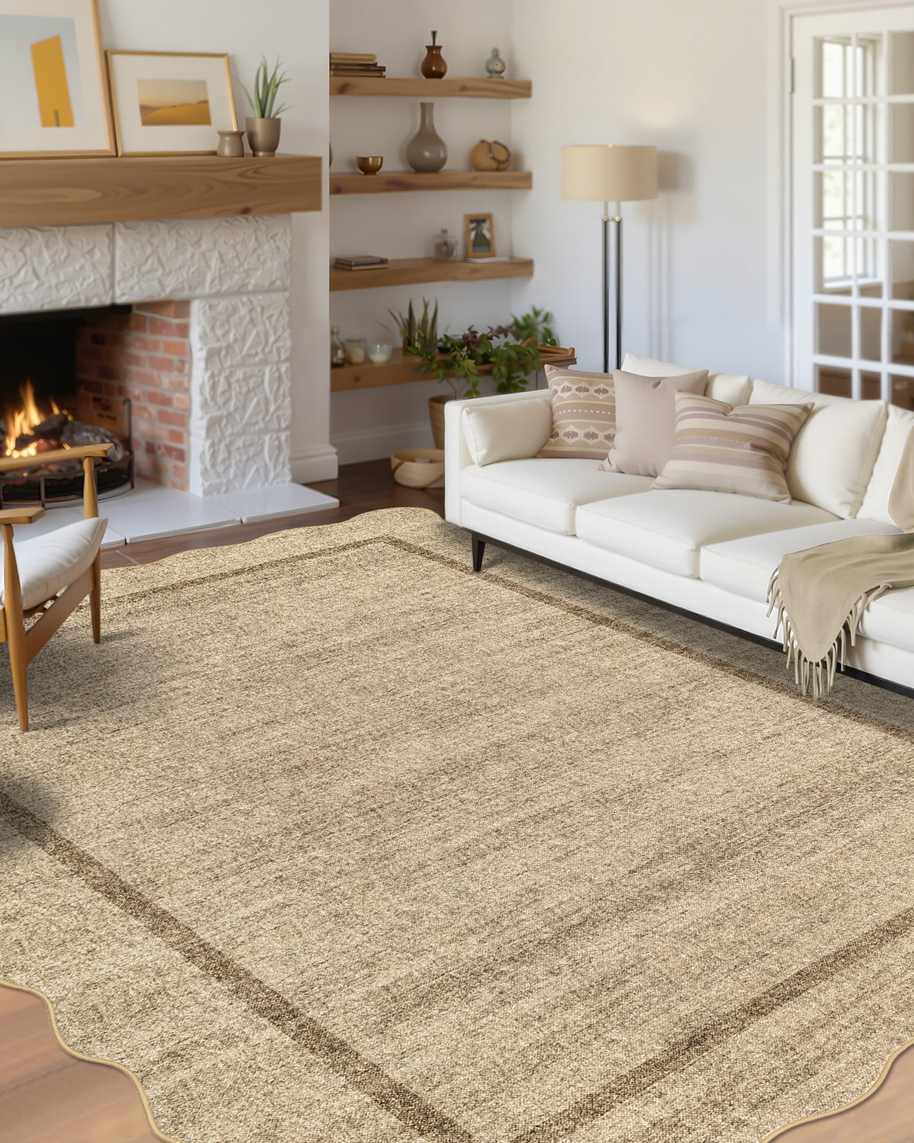 COZONY 5'x7' Washable Scalloped Rug, Non-Slip Low Pile Bedroom Area Rug, Stain-Resistant Geometric Floor Mat for Living Room, Heather