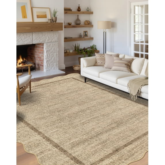 COZONY 5'x7' Washable Scalloped Rug, Non-Slip Low Pile Bedroom Area Rug, Stain-Resistant Geometric Floor Mat for Living Room, Heather