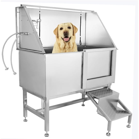 COZONY 50" Dog Grooming Tub with Right-Side Door Access, Professional Stainless Steel Pet Wash Station with Ramp, Faucet, Sprayer, Drain Kit