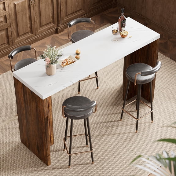 COZONY 55" LED Bar Table with Faux Marble Top, Counter Height Pub Table for 4-6, Home Bar Unit for Kitchen, Living Room and Dining Room,Vintage Walnut&Jazz White