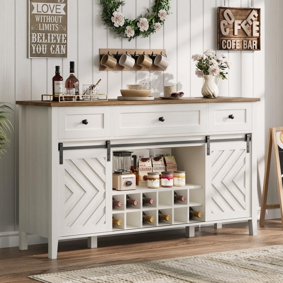 COZONY 59" Farmhouse Buffet Cabinet with Sliding Barn Door, 3 Drawers, Adjustable Shelf, Removable Wine Rack for Dining Room, Kitchen,Retro white+Brown