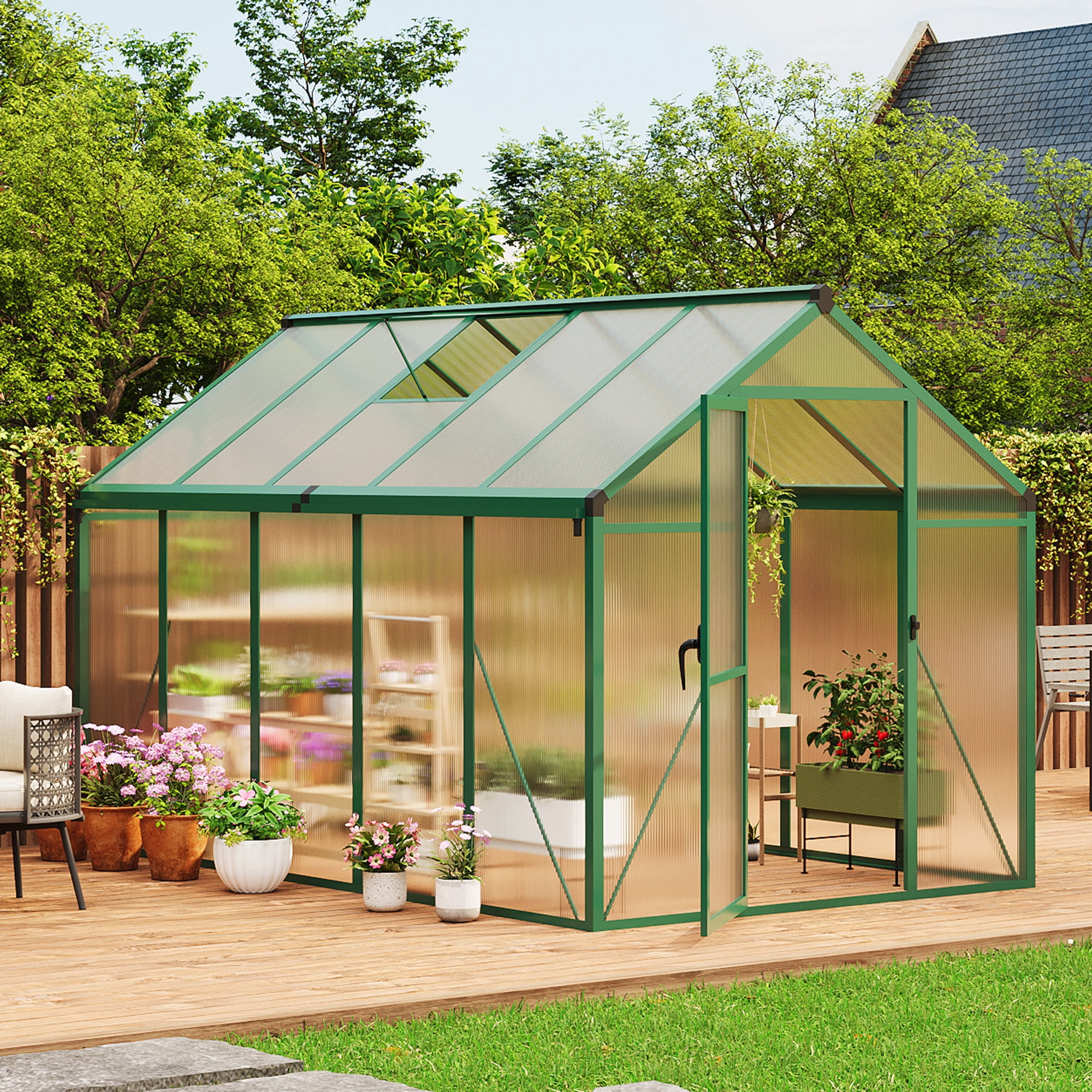 COZONY 6*10ft Walk-In Greenhouse, 720g/m² Polycarbonate Panels with Aluminum Frame&new handle, Roof Vent & Quick Setup for Outdoor Gardening,Green