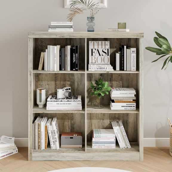 COZONY 6-Cube 53" Tall Office Bookshelf Organizer, 3-Tier Open Display Shelf with Anti-Tip Kit, Space-Saving Storage for Home Office, Bedroom,Light ivory (vertical striped paper)