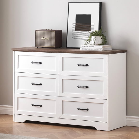 COZONY 6 Drawer Dresser, Wooden Chest with Spacious Deep Drawers, Wide Storage Capacity for Bedroom, Living Room, Nursery, and Hallway, White + Brown,47.2*15.7*30.7"