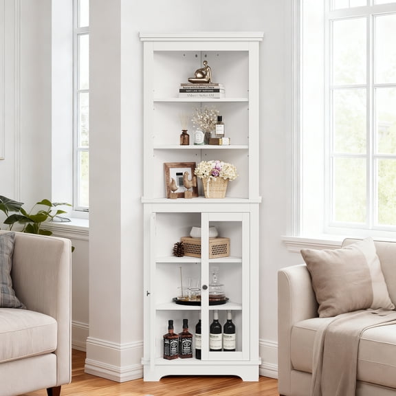 COZONY 65" Tall Corner Storage Cabinet with Glass Doors & Adjustable Shelves, 5‑Tier Freestanding Bookcase for Living Room, Bathroom, Kitchen,White
